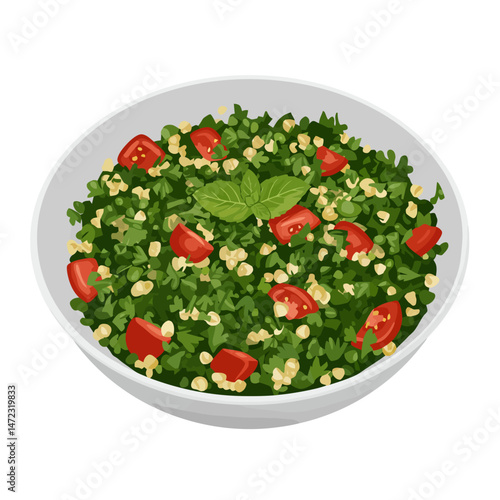 Fresh Tabbouleh Salad with Parsley Tomato and Mint in White Bowl