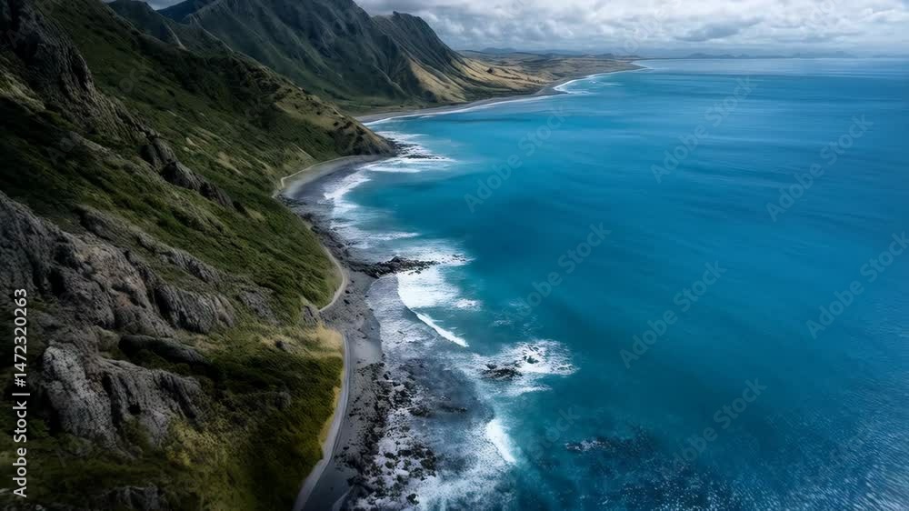 Coastal scenic view with mountains, shoreline, ocean water and grassy vegetation under a blue sky with scattered white clouds. Coastal scenic view with mountains, shoreline, ocean water and grassy vegetation under a blue sky with scattered white clouds.