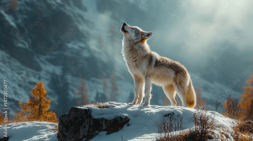 Obraz premium Majestic wolf standing on a snowy mountain peak.