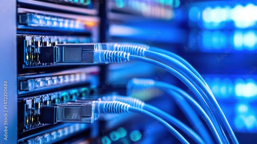 Close-up view of fiber optic cables connected to a server rack, showcasing advanced network infrastructure and data transfer technology. : Generative AI Close-up view of fiber optic cables connected to a server rack, showcasing advanced network infrastructure and data transfer technology. : Generative AI