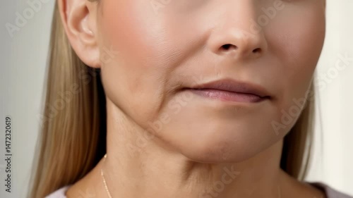 Close-up shot highlighting the aging process on a woman's lower face and neck, featuring fine lines and skin laxity near the jawline.