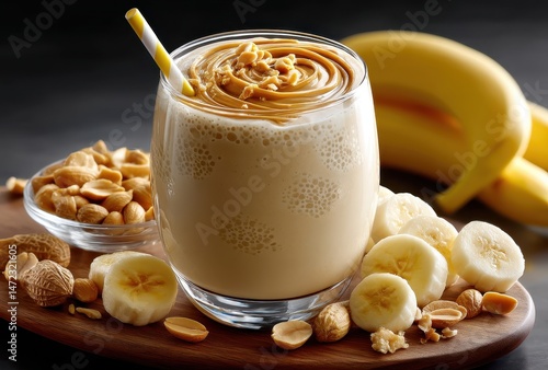 Creamy banana smoothie with peanut butter swirl, nuts, and fresh bananas on a wooden platter against a dark background for healthy lifestyle concept