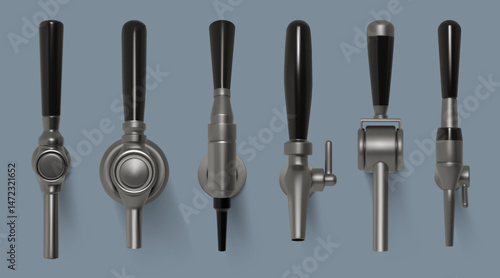 Beer tap. Handle bar faucet. Craft pour brew machine for brewery beverage. 3D pub alcohol equipment. Carbonated drink crane with valve. Liquid vending appliance. Vector isolated mockups set