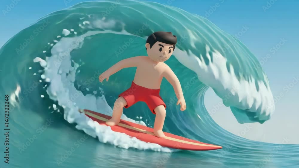 Cartoon character surfing ocean wave Cartoon character surfing ocean wave