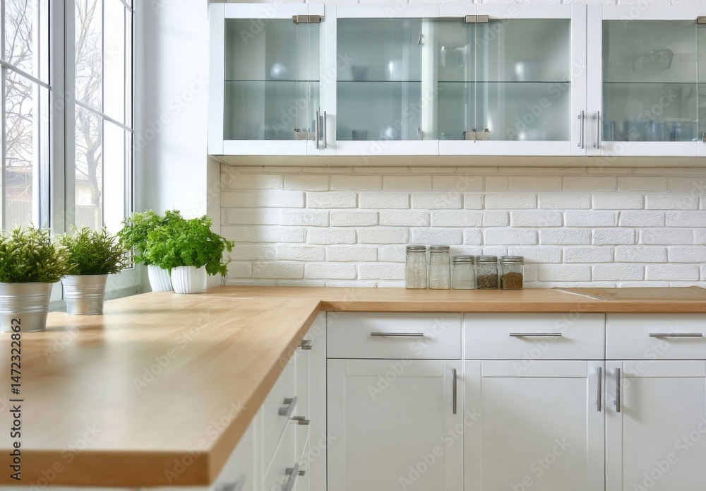 Fototapeta premium Bright kitchen interior with wooden countertop, white cabinets, and glass-front upper cabinets, featuring potted herbs near a large window. : Generative AI
