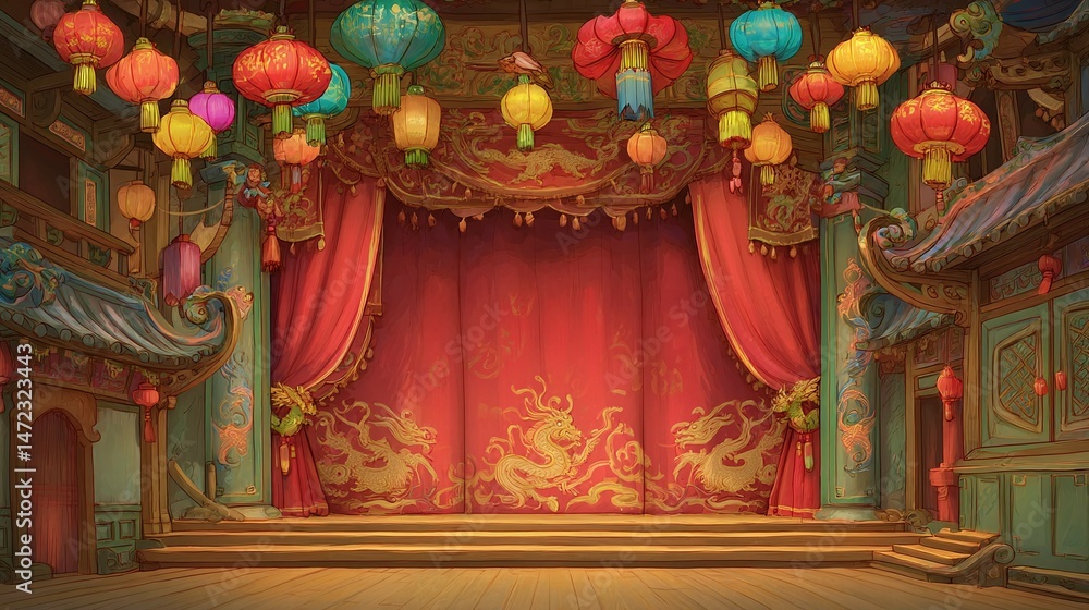 Fototapeta premium Stage with red curtains and lanterns in a traditional asian setting.
