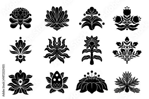 Indian motif. Flower symbol, floral Mughal boarder or flourish embroidery motive. Traditional ornate stencil. Traditional ethnic plants. Black silhouettes. Isolated decorative vector icons