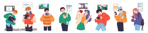 People using phone. Young man, girl with mobile video smartphone, friend selfie. Smart connection, app design. Woman talking and chatting, playing games. Vector cartoon flat isolated set