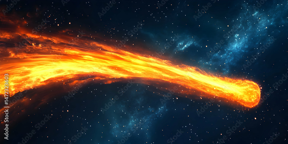 Obraz premium Fiery Comet Blazing Across Space with Stars and Cosmic Background