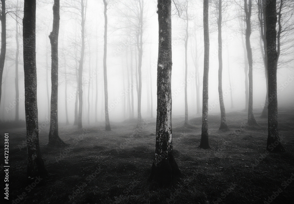 Fototapeta premium A misty, monochrome forest scene featuring slender tree trunks rising from a carpet of fallen leaves, creating a serene yet slightly mysterious atmosphere. : Generative AI