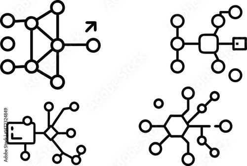 Innovative Network Structure Illustration – Four Unique Node & Connection Diagrams Representing Communication, Data Flow & System Architecture – Ideal for Tech, AI & Connectivity Visuals