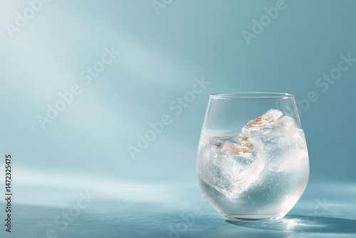 closeup of glass filled with crystal clear water and perfectly shaped ice cube inside