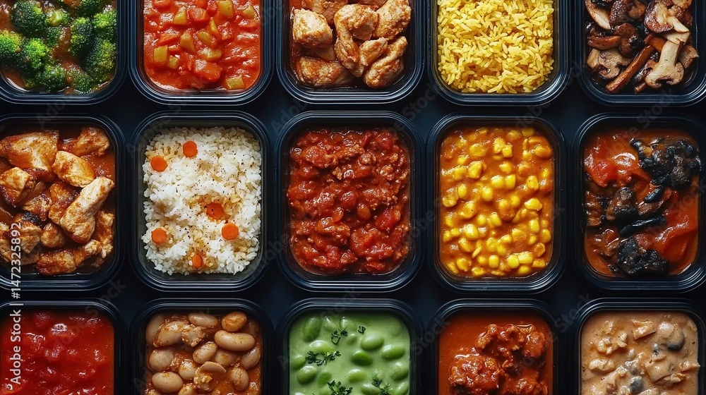 Overhead view of pre-made meals in black containers: rice, beans, pasta, curries with garnishes. Overhead view of pre-made meals in black containers: rice, beans, pasta, curries with garnishes.