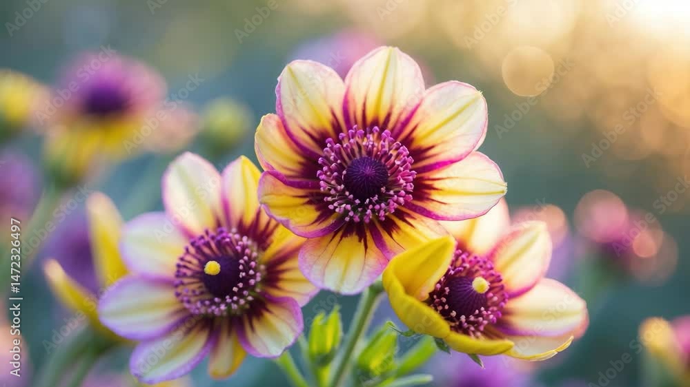 Vertical image of the bicolor flowers on 'Big Bang Cosmic Eye' coreopsis (Coreopsis 'Big Bang Cosmic Eye'), a perennial plant that loves sunlight Vertical image of the bicolor flowers on 'Big Bang Cosmic Eye' coreopsis (Coreopsis 'Big Bang Cosmic Eye'), a perennial plant that loves sunlight
