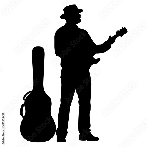 Silhouette of Street Musician with Guitar Case, Black and White, Cultural Expression