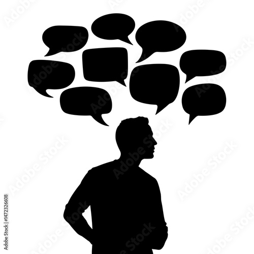 Silhouette of Person Stressed with Multiple Message Bubbles, Digital Chaos Concept