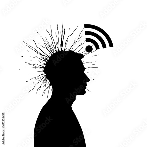 Silhouette of Wi-Fi signal glitch in human head, chaos digital life concept