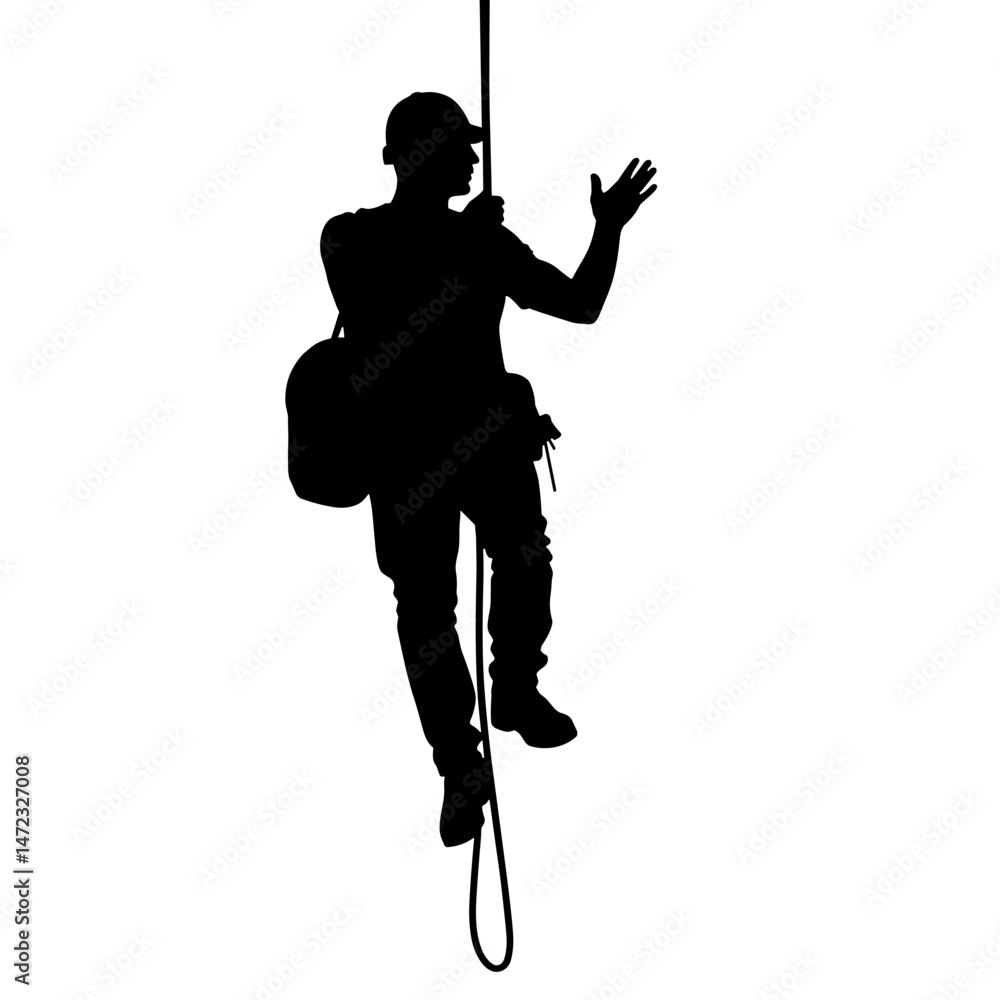 Fototapeta premium Silhouette of Worker Descending Rope with Toolkit Bag, Black and White, Concept of Mobility and Skill