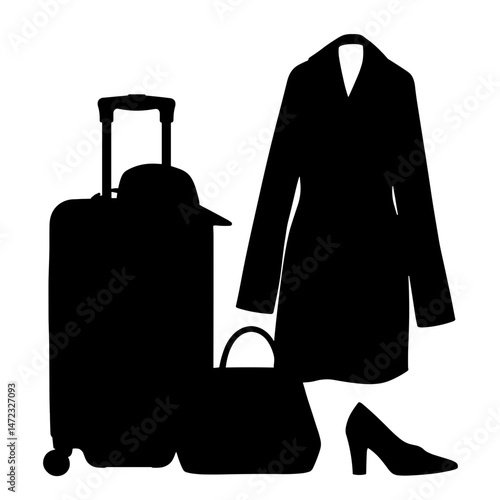 Silhouette of Open Suitcase with Second-Hand Outfits, Black and White, Eco Fashion Trend