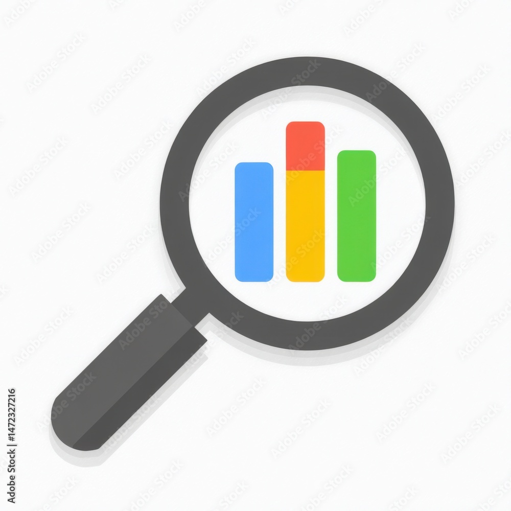 Modern colorful illustration of a magnifying glass over a bar graph on white. Modern colorful illustration of a magnifying glass over a bar graph on white.