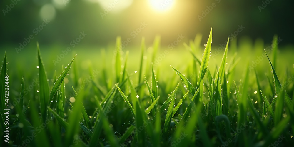 Obraz premium Vibrant green grass blades with morning dew drops and golden sun flare background