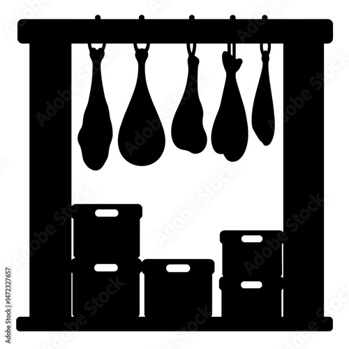 Silhouette of hanging meats and crates in cold storage room, black and white, concept of food logistics and preservation