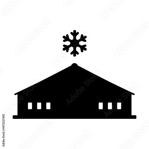 Silhouette of Snowflake Icon Above Warehouse Roofline, Black and White, Concept for Cooling and Climate Control in Storage Facilities