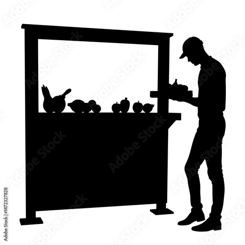 Silhouette of Person Checking Produce beside Stand, Logistics Concept, Black and White Illustration