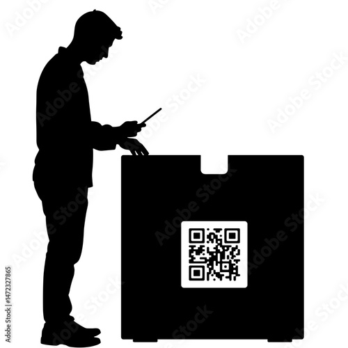 Worker Scanning QR Code on Insulated Delivery Box, Black and White Silhouette, Technology and Logistics