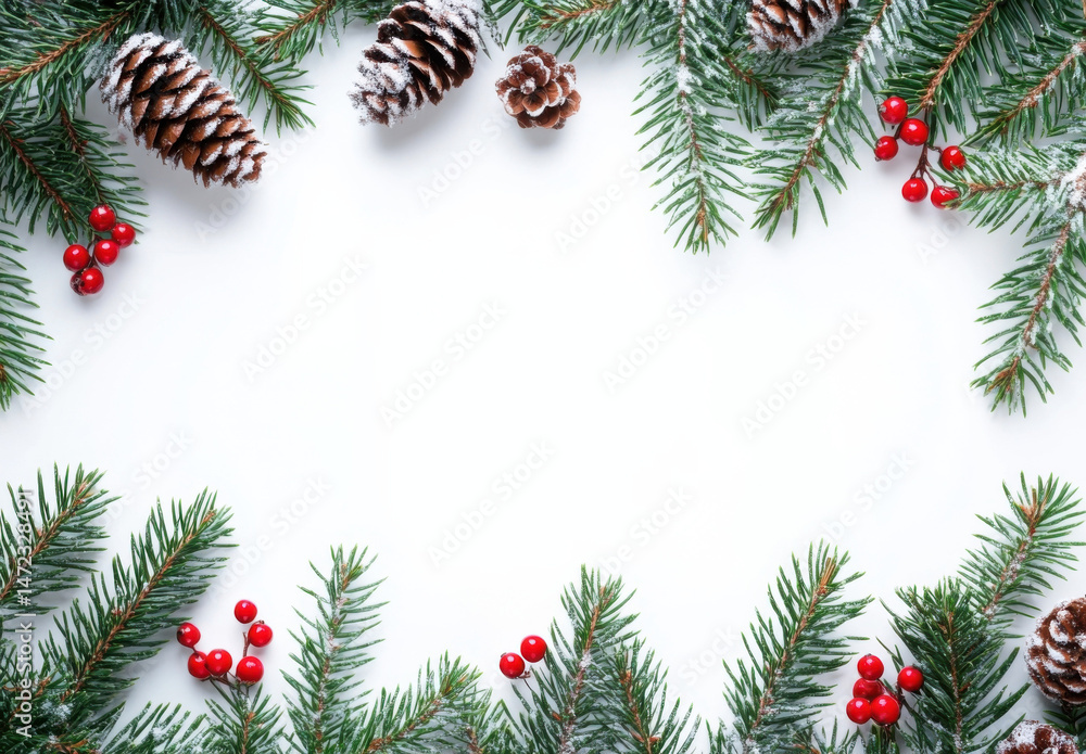 Snowy pine branches, red berries, and pine cones create a festive Christmas border on a white background, perfect for holiday cards or winter designs. : Generative AI Snowy pine branches, red berries, and pine cones create a festive Christmas border on a white background, perfect for holiday cards or winter designs. : Generative AI