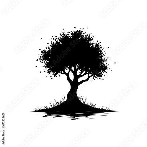 Isolated silhouetted arboreal form on undulating terrain against pure white
