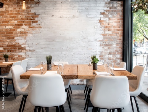 Modern restaurant interior with wooden tables, white chairs, brick walls, and minimalist decor featuring small plants.