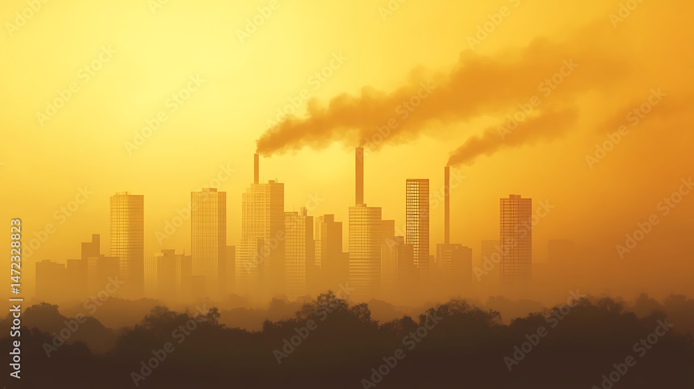 Fototapeta premium Smog cityscape at golden hour