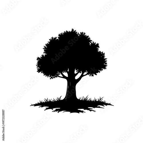 Silhouette of a solitary tree with dense foliage against a plain background