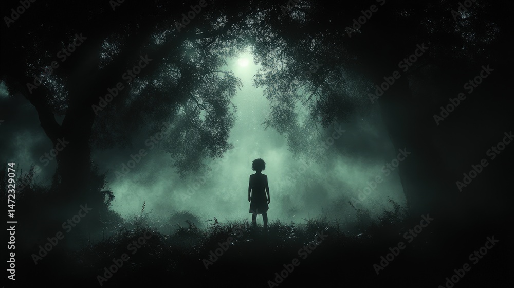 Fototapeta premium A child stands alone in a dark, misty forest