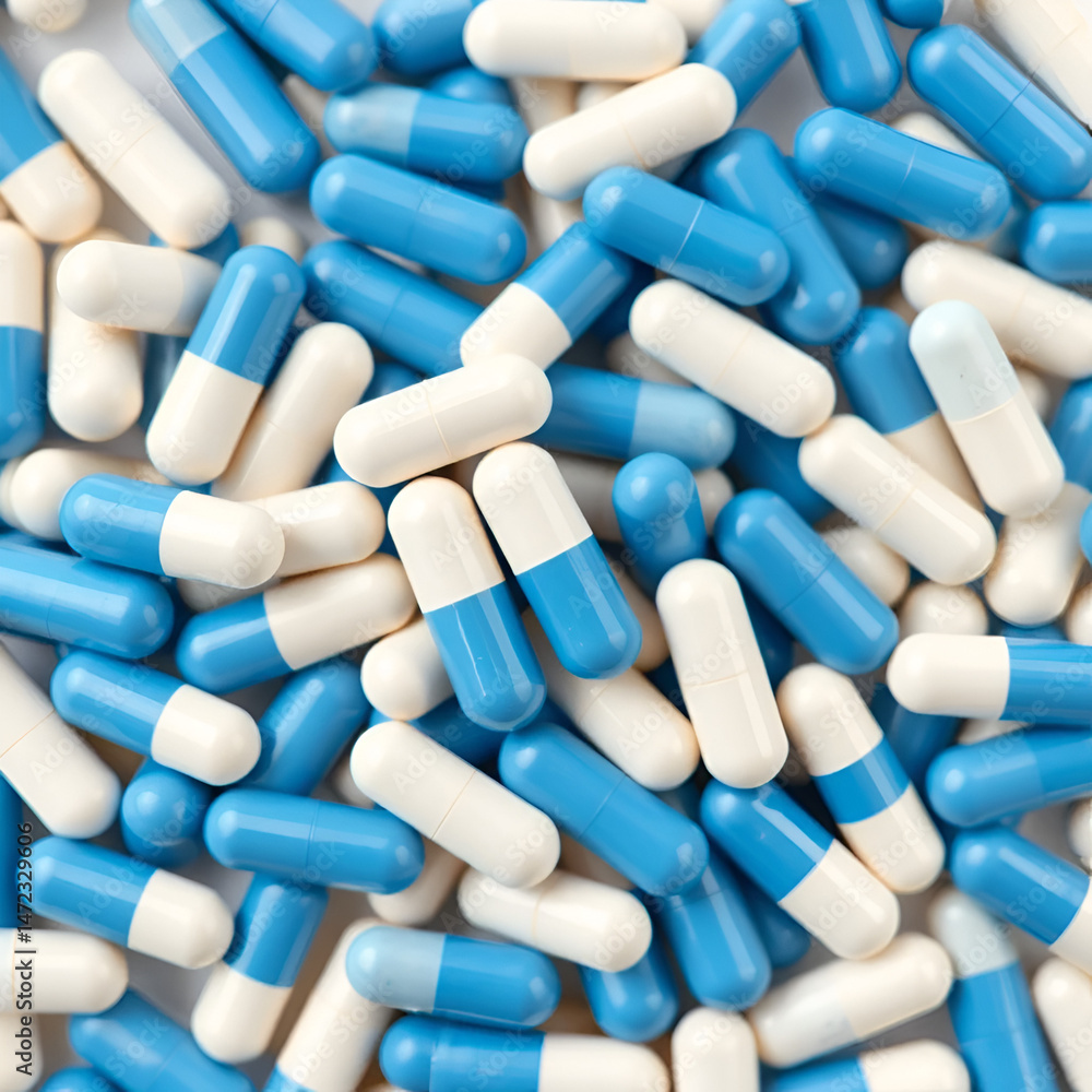Pile of blue and white capsule pills. Pharmacy product. Prescription drug. Healthcare and medicine. Pharmaceutical industry. Pharmaceutical science. Prescription medication. Capsule pill production. Pile of blue and white capsule pills. Pharmacy product. Prescription drug. Healthcare and medicine. Pharmaceutical industry. Pharmaceutical science. Prescription medication. Capsule pill production.
