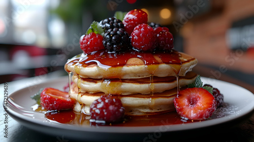 Delicious Fluffy Pancakes Topped with Fresh Berries and Syrup