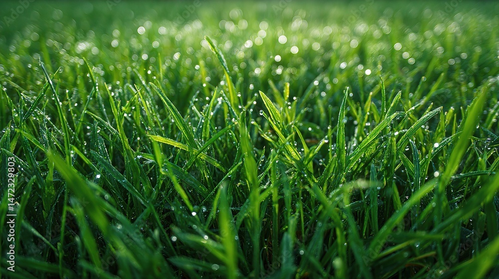 Obraz premium Fresh Cut Grass Field Glimmering with Dew in Wide Panorama View