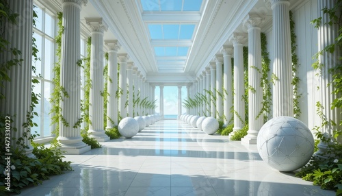 3D Wallpaper. Hallway with Columns, Spheres and Vines Along White Tiled Floor