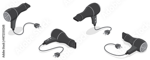 Isometric hair dryer in different perspectives isolated on white background.
