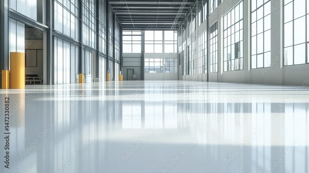 Spacious indoor area with reflective floors, glass walls, and a potted plant. Spacious indoor area with reflective floors, glass walls, and a potted plant.