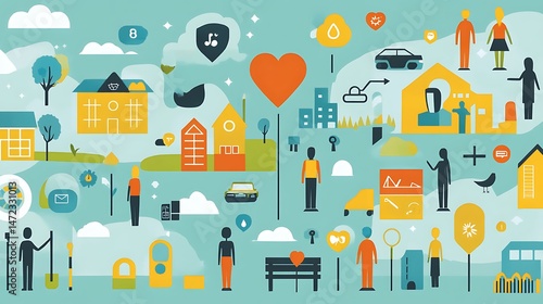 Happy community with urban life, and icons.