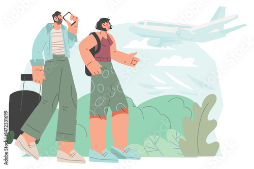Young couple going on adventure with flights via airlines. People in airport area going on dream vacation, flat vector illustration isolated on white.