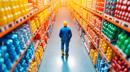 A worker walks down a brightly lit aisle in a massive warehouse stocked with colorful, packaged goods