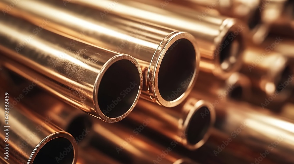 Naklejka premium Close-up of shiny copper pipes arranged in a row with metallic luster.