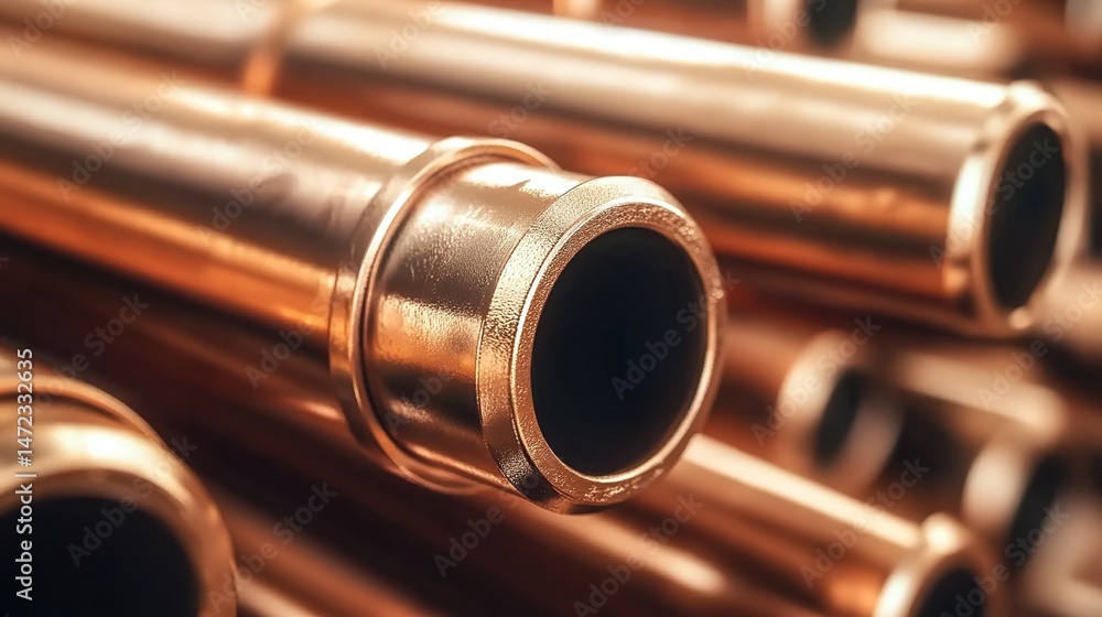 Naklejka premium Close-up of shiny copper pipes arranged in a row with metallic luster.