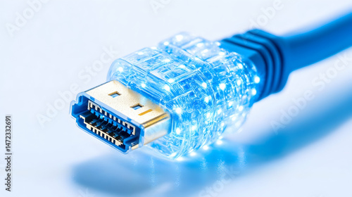 Illuminated high-definition cable connector showcasing internal circuitry