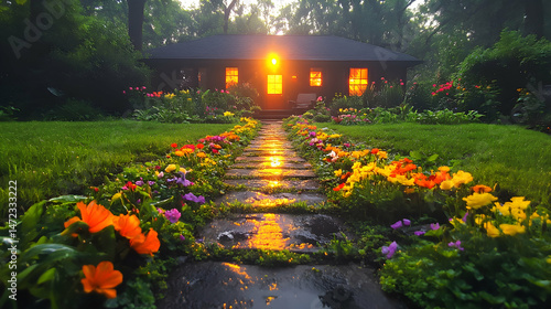 Sunlit pathway to a cozy home, surrounded by vibrant flowers
