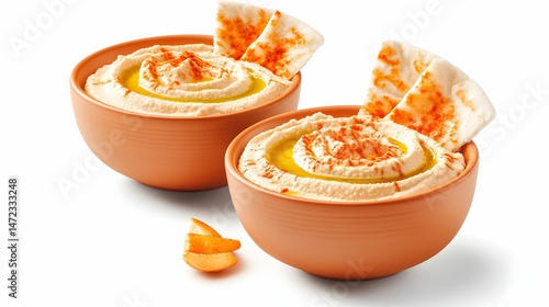 Two bowls of creamy hummus, topped with olive oil and paprika, served with pita bread