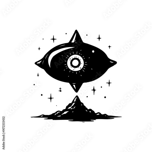 Abstract monolithic eye overseeing rugged landscape in surreal, cosmic artwork